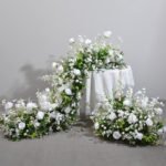 TR0035 White roses with leaves table runner for wedding decoration