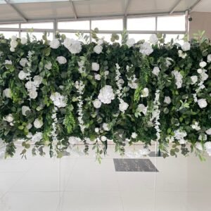 FW112 Leaves with white roses flower wall backdrop 8x8ft cloth fabric backup